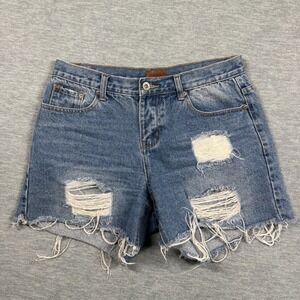 POL SHORTS Womens Medium Blue Distressed Cut Off Frayed Hem Raw Edge Denim Jean